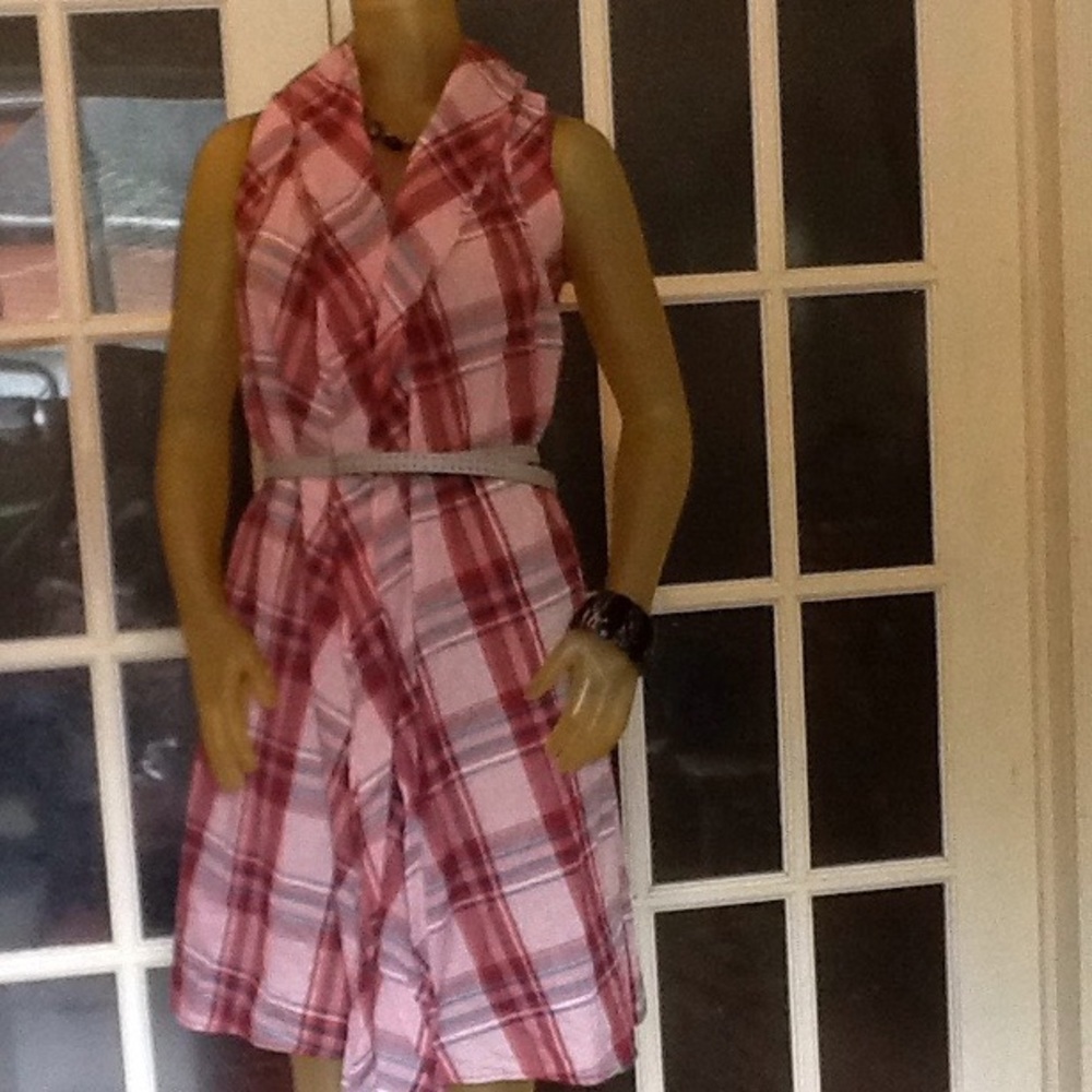 ESLEY Pink and Red Plaid Sleeveless Faux Wrap Cut Out Midi A-line Dress